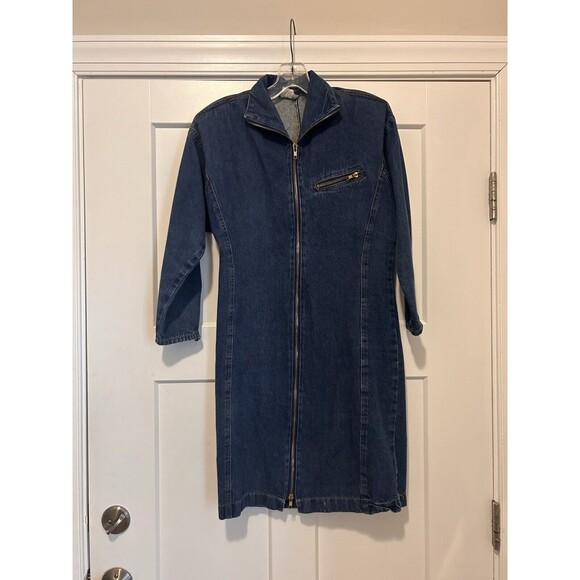 Vintage 90’s Long Sleeve Full Zip Retro Midi Blue Denim Dress Size 3 Rocker - Picture 1 of 7
